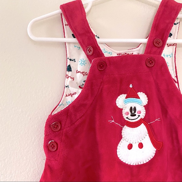 Disney Mickey Mouse Snowman Winter Christmas Holiday Red Velvet Overalls 6M - Picture 2 of 6